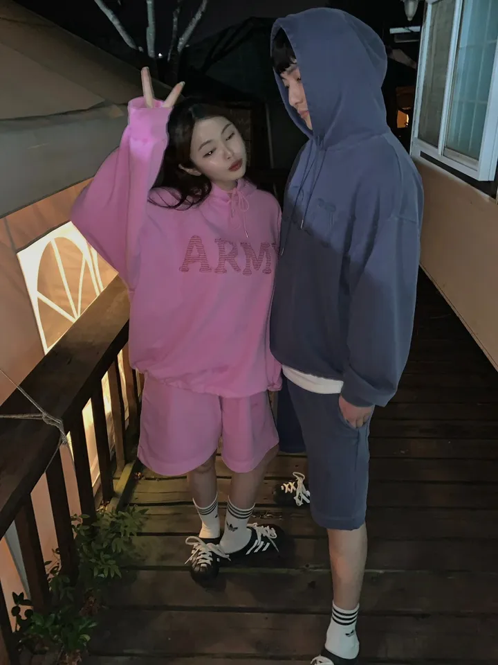 [세트가격🌠/남녀공용🧏‍♀️💕/도링룩단독💌] 피그먼트 아미 레터링 후드 밴딩 5부 반바지 커플 트레이닝세트 투피스 (3color) 상세 이미지 39