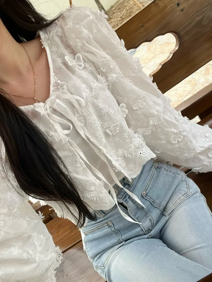 (얼굴소멸) 나비 레이스 자수 퍼프 볼레로 자켓 가디건 상세 이미지 4
