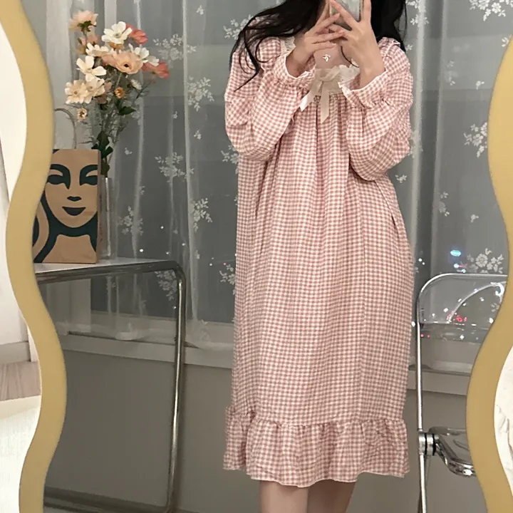 [당일출고/3컬러] 루즈핏 귀여운 스몰 체크 오버핏 긴팔 원피스 파자마 잠옷 상세 이미지 25