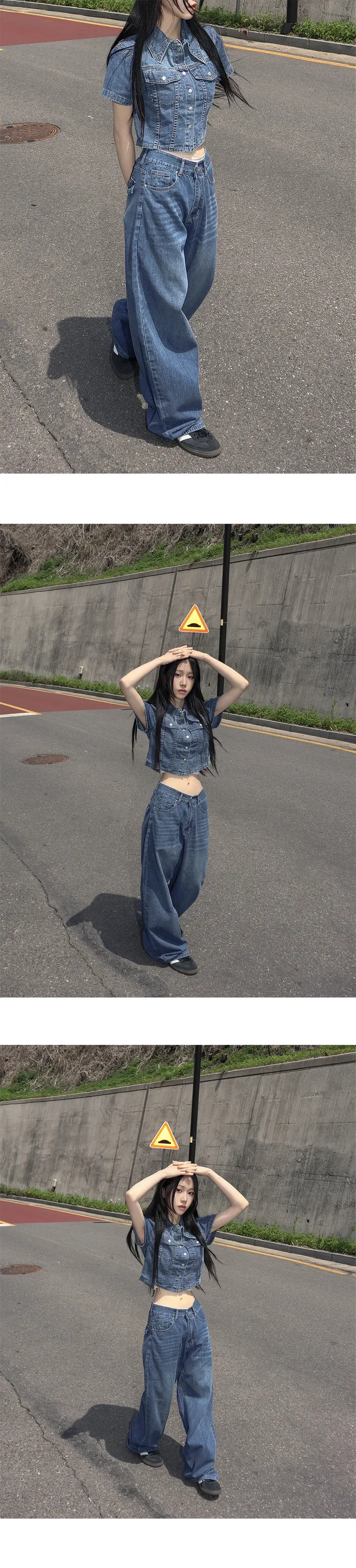 [청청셋업💙] 여름 데님 크롭 자켓 + 와이드 팬츠 셋업 상세 이미지 11