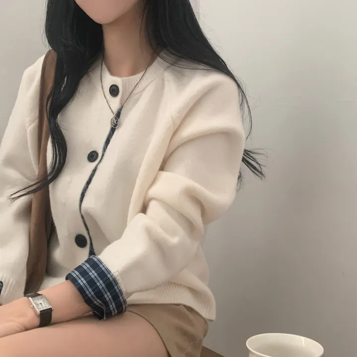 [저렴이X,원단달라요!/긱시크🤍] 버른 체크 레이어드 셔츠 배색 니트 가디건 - 5color 상세 이미지 21