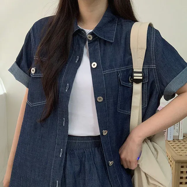 청청 오버핏 생지 데님 반팔 셔츠 남방 & 밴딩 숏 데님 팬츠 SET 상세 이미지 4
