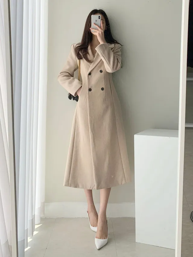 A라인 슬림 롱 플레어 더블 버튼 울코트 블랙 베이지 상세 이미지 4
