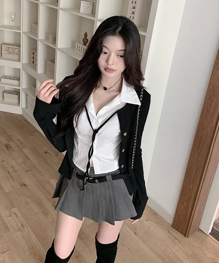 [반팔/긴팔❄일체형💗고퀄ver] 칠리 셔츠 가디건 일체형 레이어드 리본 슬림핏 긴팔 반팔 티셔츠 가디건 봄 겨울 가을 / 하객룩 출근룩 소개팅룩 데이트룩 클래식블랑 상세 이미지 6