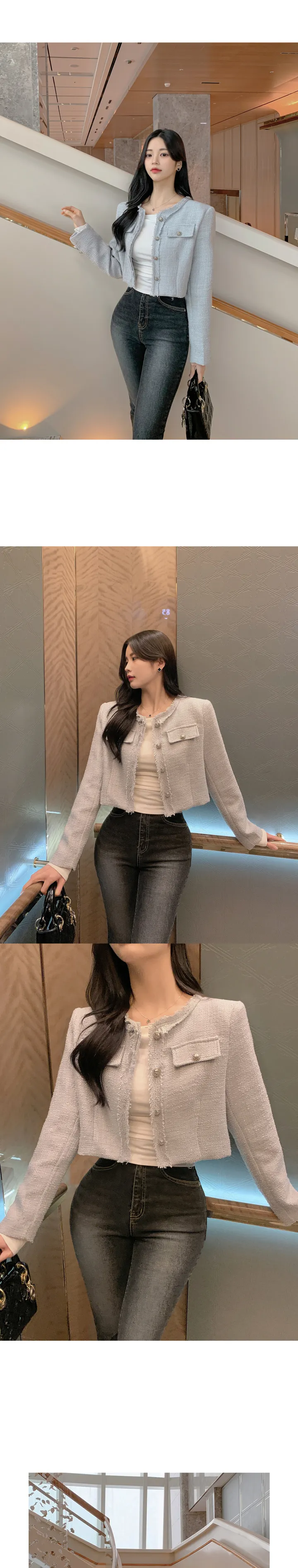 [갓성비❤️/화사한 봄 자켓으로 제격!] 매니아 노카라 컷팅 디테일 버튼 포켓 세미크롭 봄 트위드 자켓 상세 이미지 14