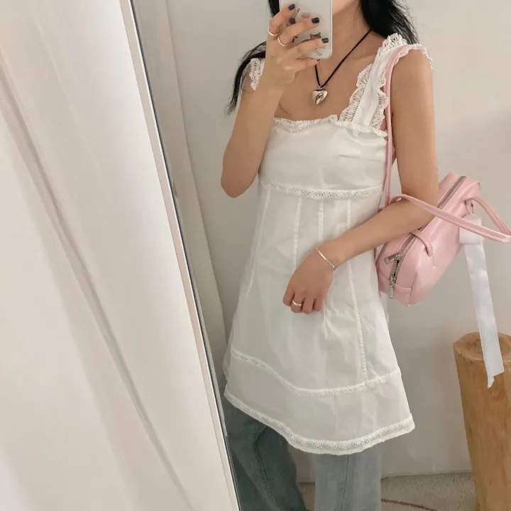 ホワイトレースノースリーブチュニック 裏地付き] ホワイトレースノースリーブチュニック