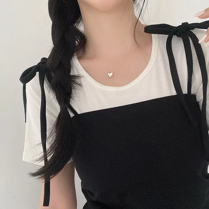 *당발🖤세트🖤 러블리 리본 뷔스티에 + 라운드넥 무지 반팔 티셔츠 세트 투피스 3col 상세 이미지 5
