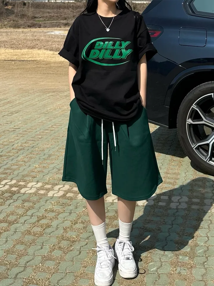 세트가능/ 남녀공용 오버핏 반팔 여름 커플룩 커플티 레터링 루즈핏 반팔 티셔츠 합포 핀턱 버뮤다 팬츠 밴딩 반바지 꾸안꾸 트레이닝 세트 커플 시밀러룩 빅사이즈 세트 스트릿 딜리 상세 이미지 11