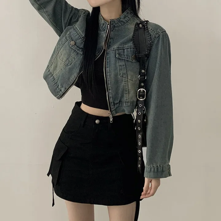 [빈티지힙] 투웨이 데미지 바이커 크롭 워싱 데님 자켓 상세 이미지 10