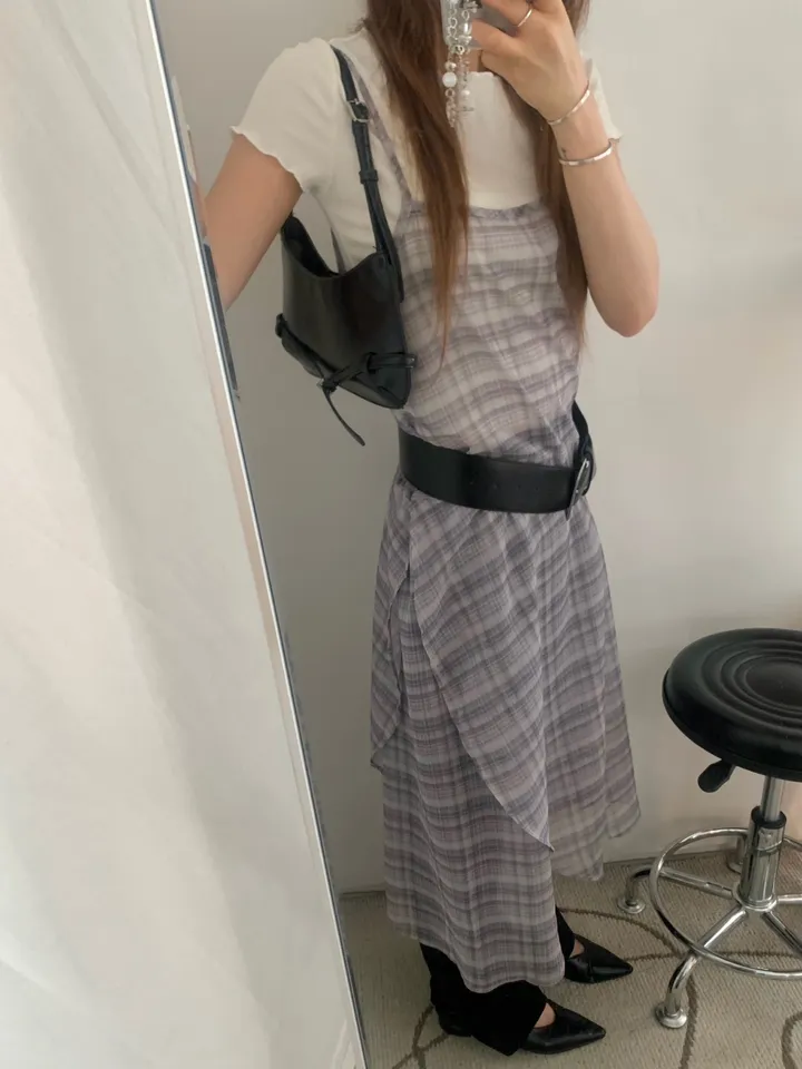 シースルーチェックロングキャミワンピース | ファッション通販
