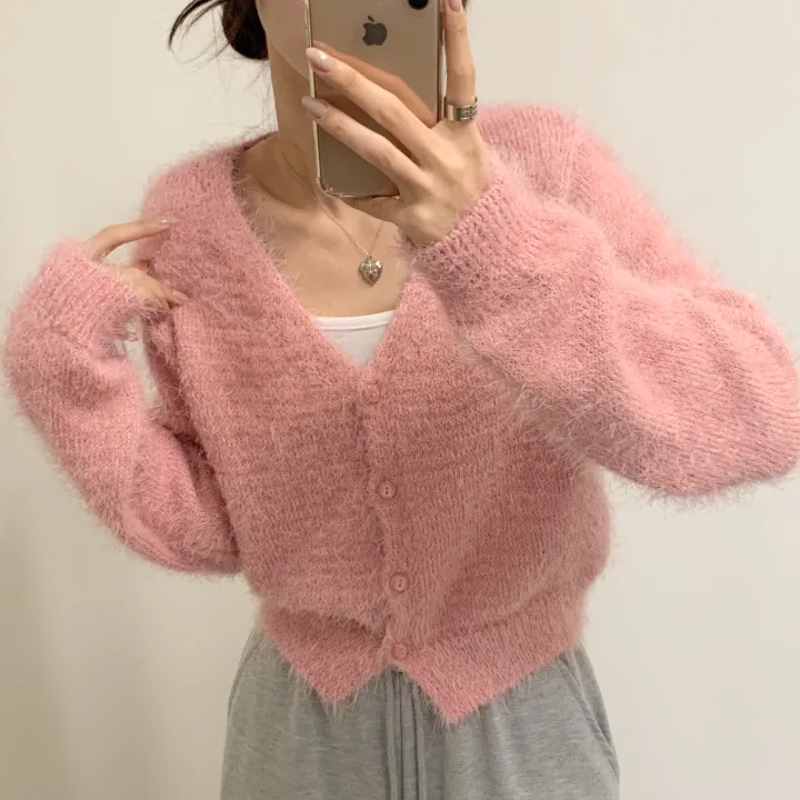 [7 color] 웨더 브이넥 퍼 가디건 / 솔잎퍼 간절기 봄 가디건 앙고라 여리핏 벚꽃 수학여행 시크 로맨틱룩 데이트룩 상세 이미지 6