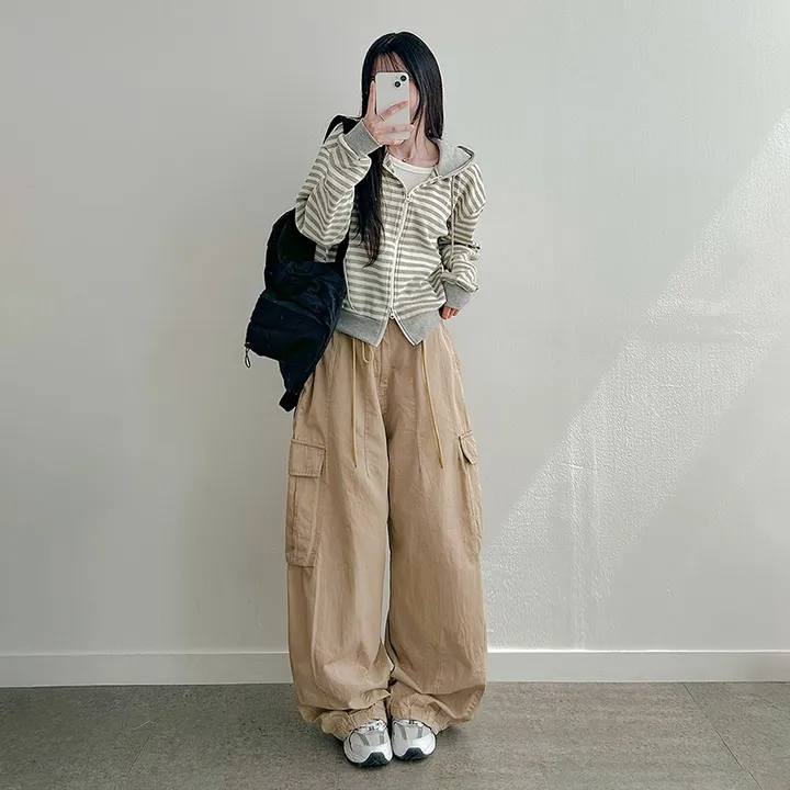 [캐주얼힙/투웨이] 스트라이프 단가라 배색 투웨이 지퍼 세미크롭 얇은 후드 집업 점퍼 봄 가을 간절기 아우터 모즈잔줄배색후드집업 상세 이미지 26