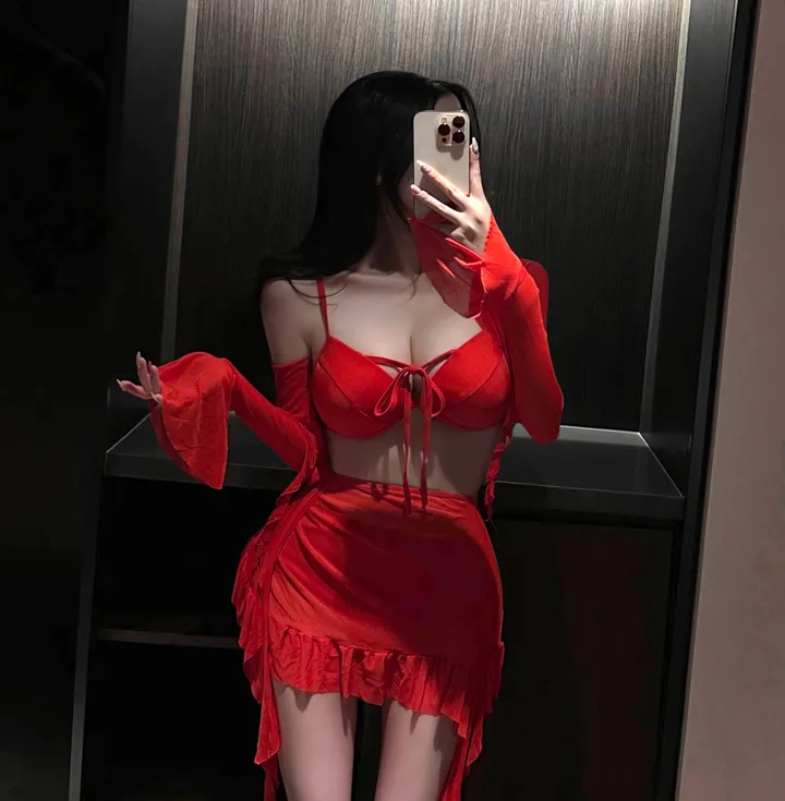 [인생샷보장!!/군살커버/4pcs] 섹시 여리 슬림핏 왕골반 셔링 프릴 코사지 랩 스커트 커버업 가디건 세트 비키니 수영복 청순 글램 여신 비치웨어 나팔소매 리본 휴양지 시스루 상세 이미지 9