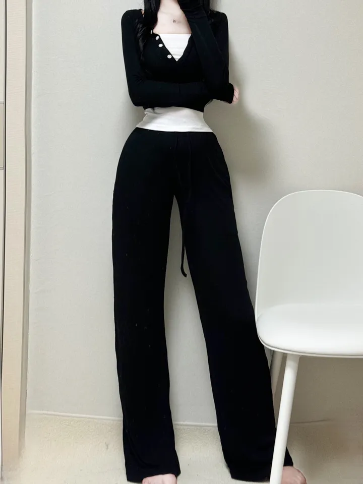 [*1200세트돌파/번따룩*] 반팔 긴팔 기모 버전추가 쫀쫀 스판 딱붙 잔골지 레이어드 또또 단추 크롭 레이어드 배색 긴팔티+하이웨스트 슬림 와이드팬츠 세트 꾸안꾸 데일리 허리잘록 상세 이미지 14