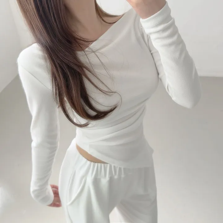 [키작녀추천/set가격!] 오프숄더 입술넥 언발란스 셔링 긴팔 티셔츠 + 허리쏙 밴딩 와이드팬츠 일자팬츠 봄가을 트레이닝 세트 개미허리 허리잘록 투피스 페미닌 (3color) 상세 이미지 18
