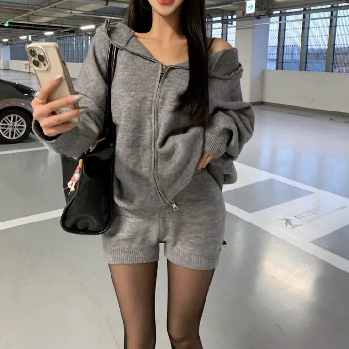 ✔️고퀄단독제작✔️[심쿵뒷태!/꾸안꾸🕶] 패치 루즈핏 하프 후드집업 니트 숏팬츠 반바지 세트 셋업 투피스 하의실종 상세 이미지 10