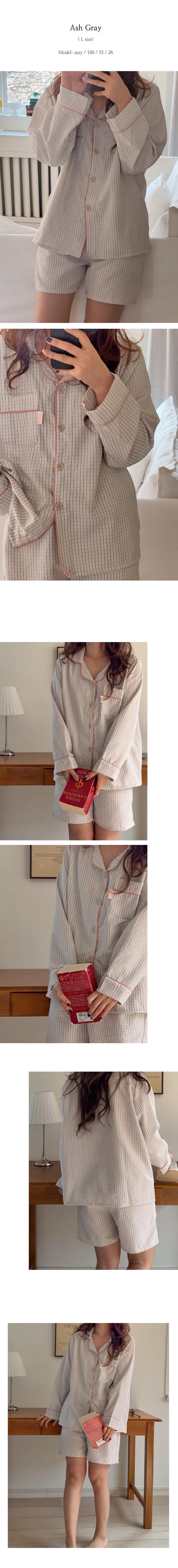 [new봄🌸] 당일발송 H.made✔ 레노 체크 시어서커 지지미 커플 잠옷 여름 긴팔 반바지 파자마 세트 2color 직진배송 상세 이미지 16