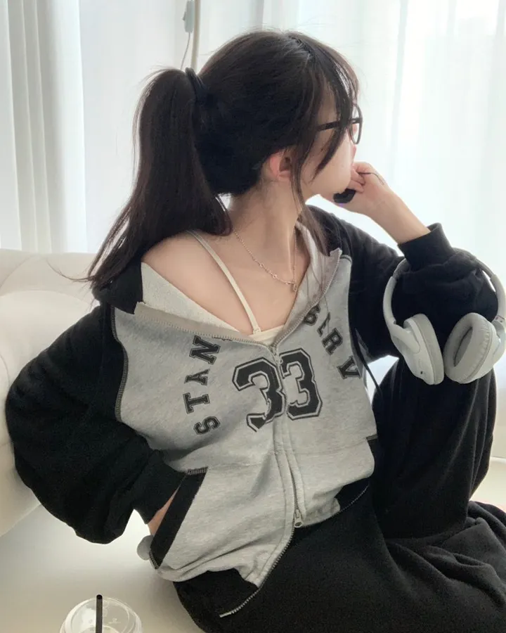 루즈오버핏! 투웨이 배색 레터링 후드집업 -2col 상세 이미지 3