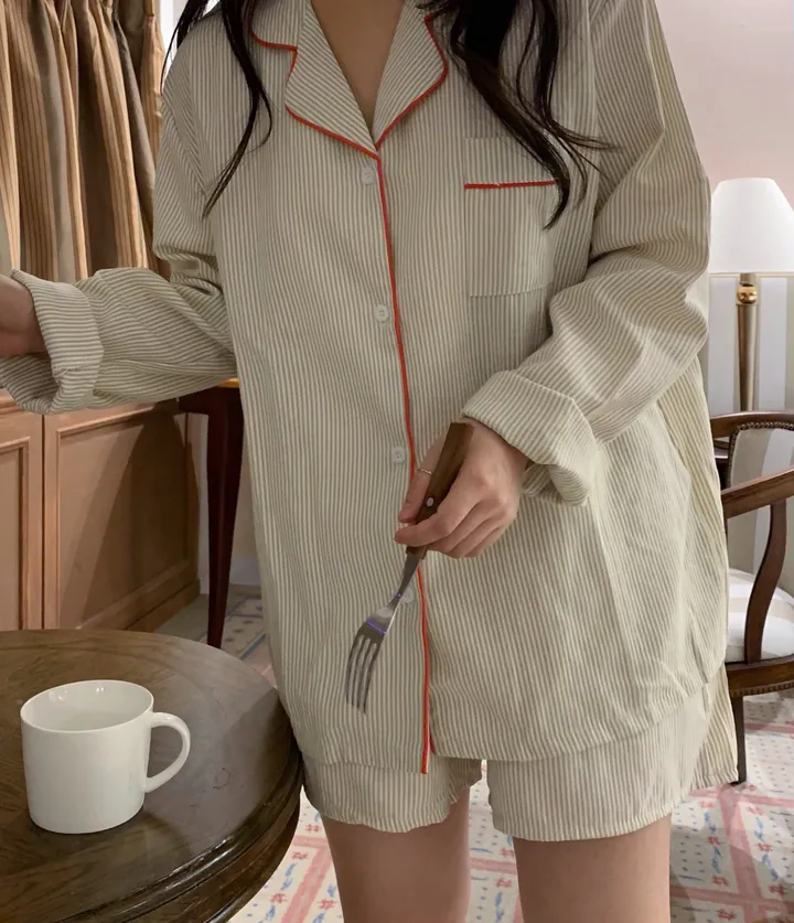 [커플잠옷][2000장돌파] timeless pajamas set 긴팔 반바지 잠옷 세트 베이지 상세 이미지 2