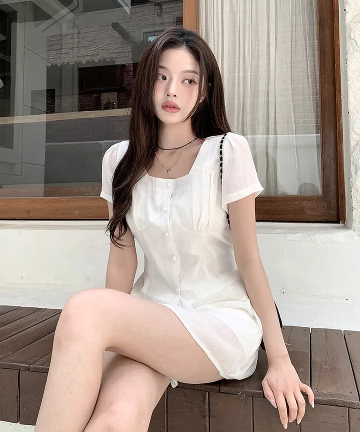 [투피스 set💗치마바지] 셀럽 스퀘어넥 허리끈 여름 하객룩 반팔 블라우스 미니 스커트 치마바지 투피스 세트 / 데이트룩 미니원피스 클래식블랑 상세 이미지 18