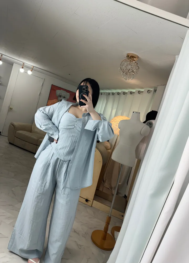 [체형커버/쓰리피스]오버핏 셔츠 스모크 밴딩 나시 와이드팬츠 쓰리피스 세트 상세 이미지 36