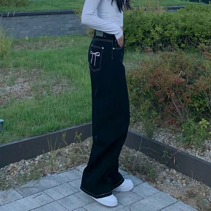Made![리본포인트🎀/깔끔핏] 핑크 스티치 리본 자수 하이웨스트 와이드팬츠 스트레이트핏 데님 롱팬츠 자체제작 상세 이미지 7