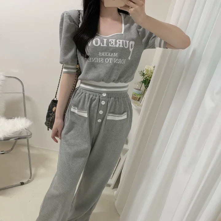🚀당일발송🚀[세트가격/핏예술-!] 페니 배색 스퀘어넥 레터링 퍼프 시보리 반팔 + 밴딩 버튼 롱 와이드 팬츠 투피스 세트 2color 상세 이미지 21