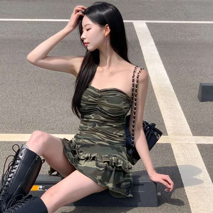 [섹시유니크🖤] 카모 투피스 / 캡내장 밀리터리 캡나시 뷔스티에 셔링 크롭탑 셔링탑 튜브탑 탱크탑 브라탑 y2k 데님탑 카고스커트 캉캉치마 밀리터리스커트 치마바지 레이어드스커트 상세 이미지 24