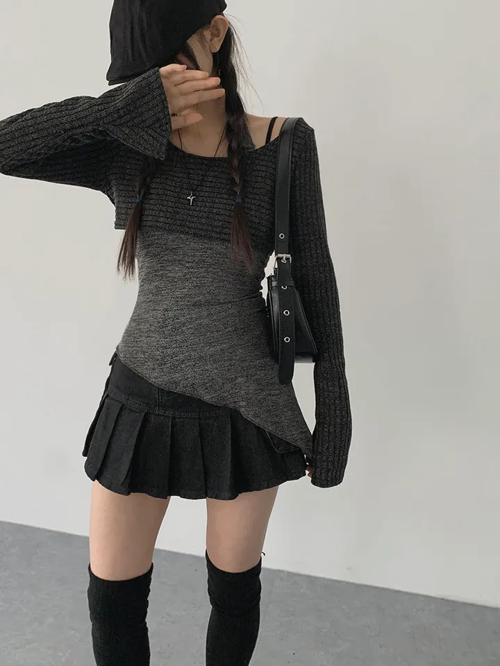 [레이어드세트/몸매보정핏! 뒷모습도완벽🖤 슬림핏 홀터나시 긴팔크롭티 레이어드세트] 리엘사선홀터나시SET 상세 이미지 6