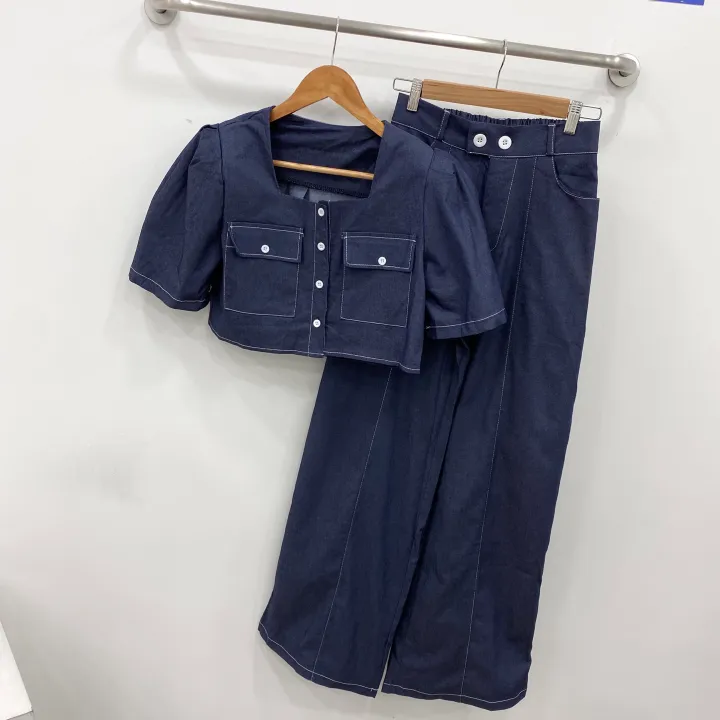 [SET!]데님 스티치 스퀘어넥 크롭 퍼프 자켓 롱 와이드 팬츠 투피스 세트 1color 상세 이미지 7