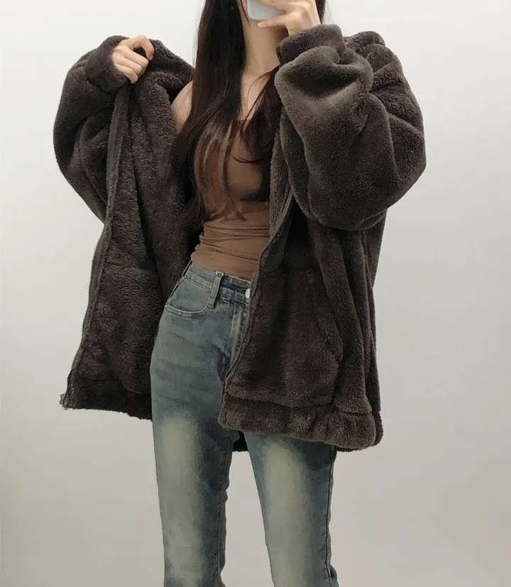 [보아털] 오버핏 포근한 두꺼운 털 빅후드 집업 상세 이미지 1