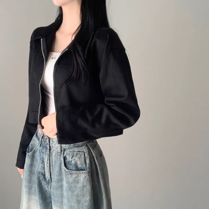 [갓성비템/보들원단!] 메드 카라 스웨이드 절개 긴팔 숏 크롭 자켓 점퍼 상세 이미지 24