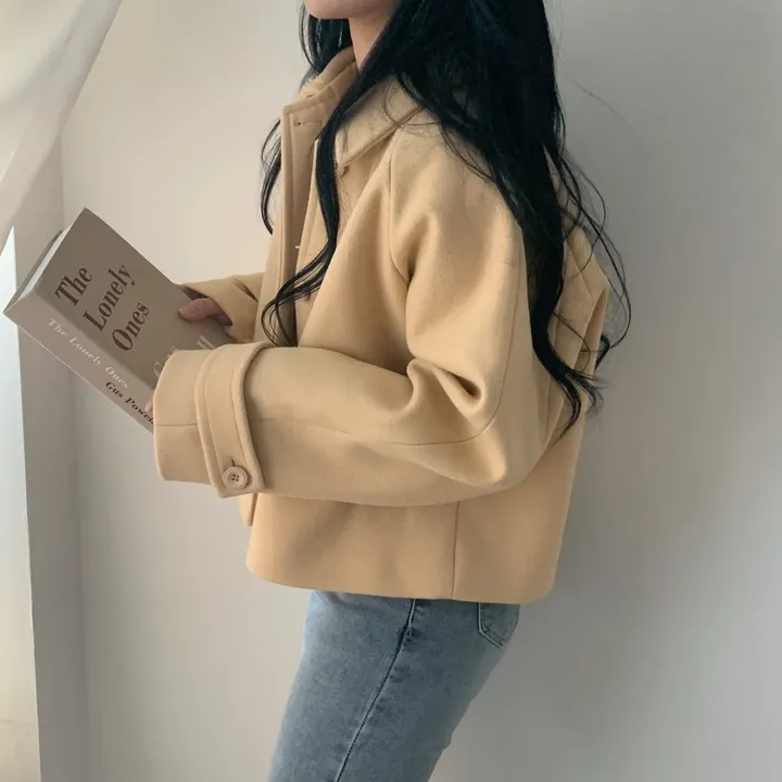봄가을 크롭재킷 오버핏 아이보리 블랙 싱글버튼 숏코트 상세 이미지 27