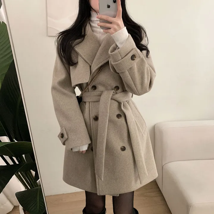 [누빔안감, 하객룩추천] 차분한무드 허리잘록 더블버튼 트렌치 하프 코트 상세 이미지 27