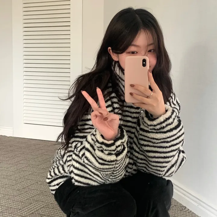 [☁뽀글후리스/투웨이] 뽀글 스트라이프 단가라 오버핏 후리스 / 스트라이프 점퍼 / 겨울 뽀글이 후리스 상세 이미지 9