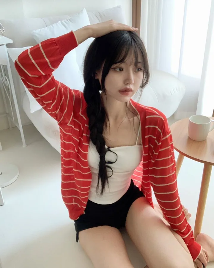 🍓크림딸기 스트라이프 단가라 여름 시스루 가디건 -4col 상세 이미지 18