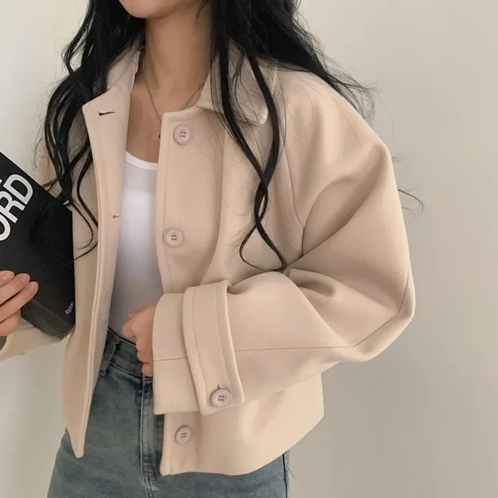 봄가을 크롭재킷 오버핏 아이보리 블랙 싱글버튼 숏코트 상세 이미지 30