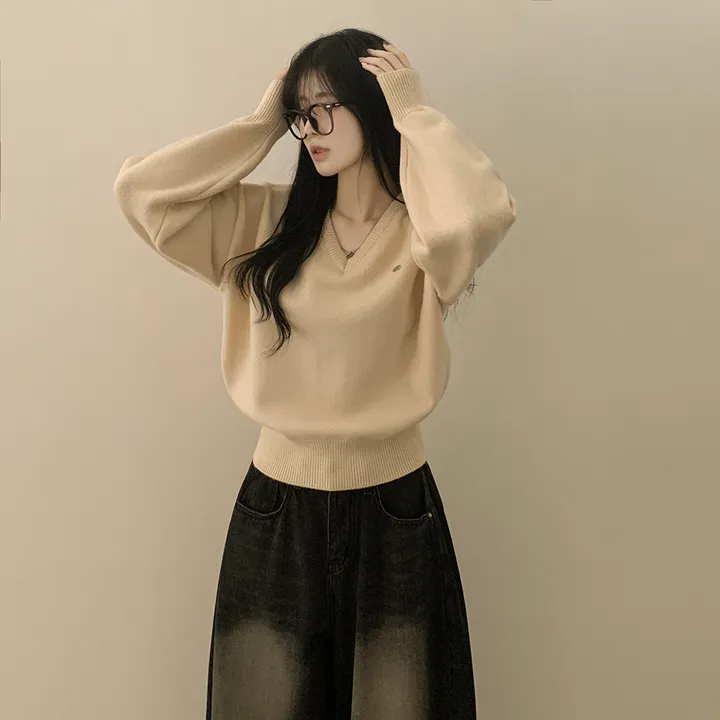 [파스텔색감💭/도톰폭닥~] 와펜포인트 아방핏 브이넥 루즈핏 허리잘록 긴팔니트 상세 이미지 8