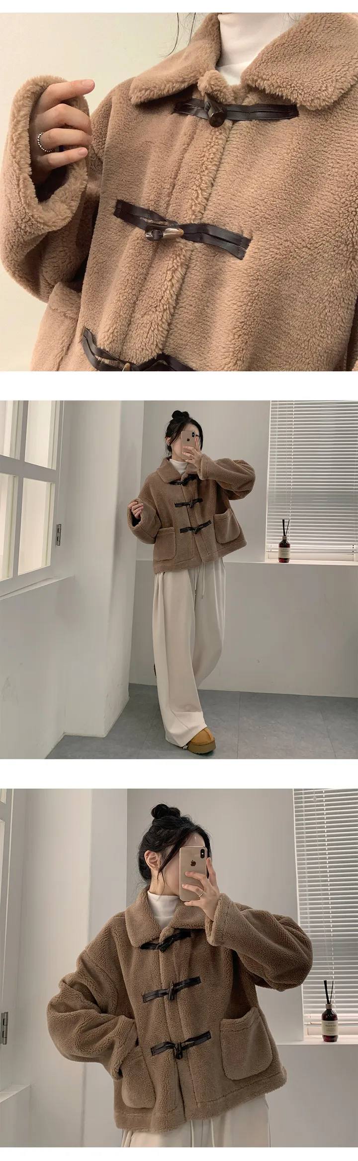 ✔️갓성비! 뽀글이+떡볶이 단추 [카라넥/뽀송/포근] 더플 떡볶이 단추 양털 뽀글이 퍼자켓 겨울 숏 코트 3Color 상세 이미지 6