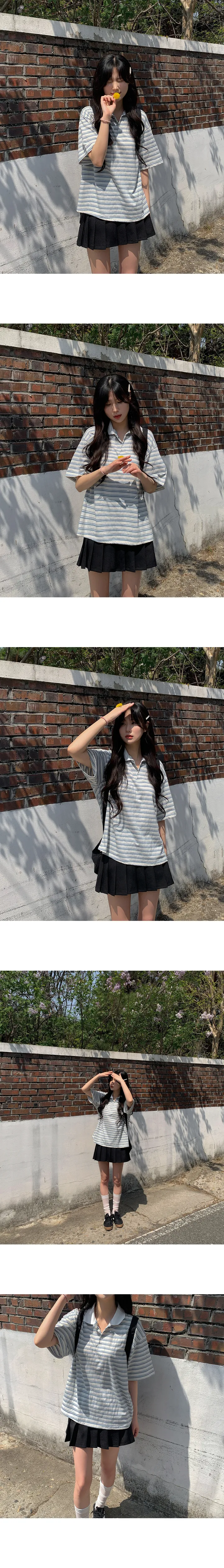 [당일출고/세트/단독구매가능] 반팔 스트라이프 오버핏 카라 티셔츠 + 플리츠 뒷 밴딩 미니 스커트 상세 이미지 3