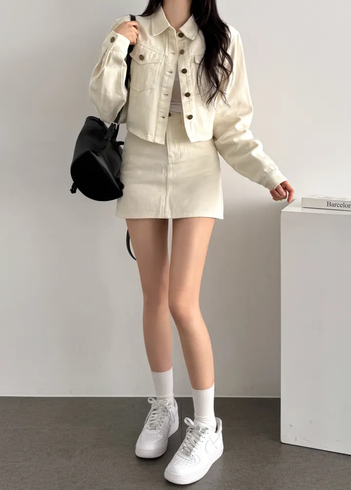 [코디룩완성🤍/단독구매가능] 코튼 크롭 자켓+숏스커트 투피스 세트 - 3color 상세 이미지 35