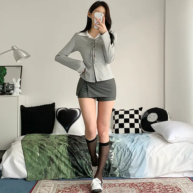 [일체형/모던룩/2col] 신디 일체형 슬림핏 레이어드 셔츠 가디건 / 카라넥 / 리본가디건 / 레이어드티셔츠 / 페이크셔츠 / 긱시크 / 브이넥 / 셔츠니트 / 코디완성 / 강추 상세 이미지 31