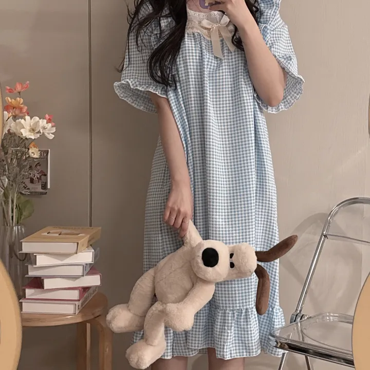 [당일출고/3컬러] 루즈핏 귀여운 스몰 체크 오버핏 반팔 원피스 파자마 잠옷_반팔ops_ver 상세 이미지 37