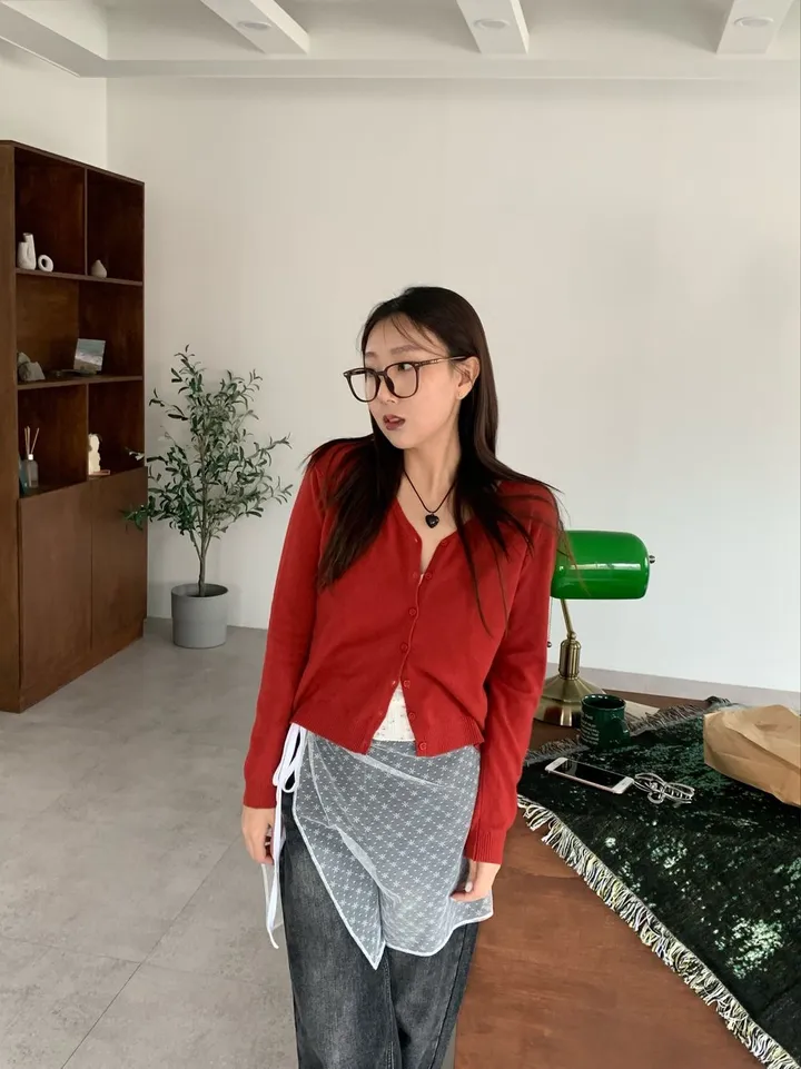 당일발송🔥메르디 브이넥 긴팔 니트 가디건 노랑 레드 화이트 블랙 봄 여름 가을  루즈핏 상세 이미지 40