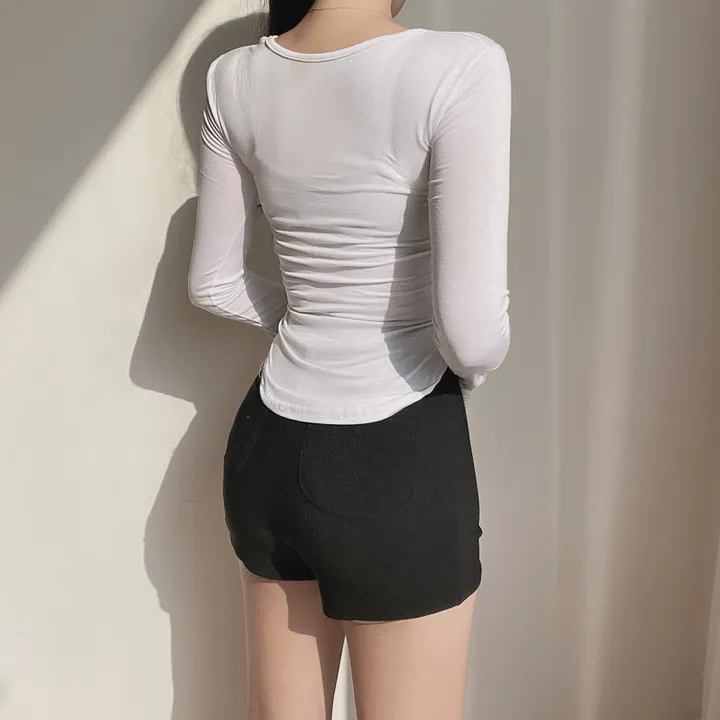 [골반메이커/핫걸] 유라인 스퀘어넥 옆굴림 긴팔 슬림핏 여리 티셔츠 여리반팔 반팔티 굴림티 밑단라운드 상세 이미지 9