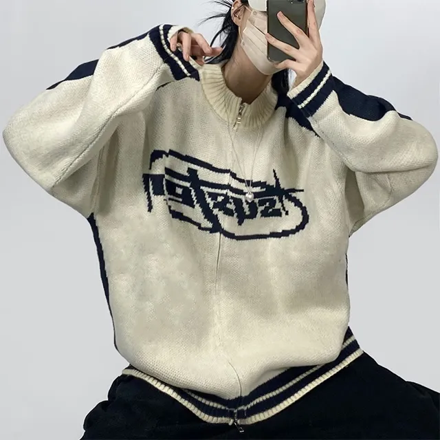 [~3XL] 빈티지 힙무드 박시니트집업💝 배색 나그랑 스트릿/투웨이 남녀공용 커플 빅사이즈 [4070] 상세 이미지 24