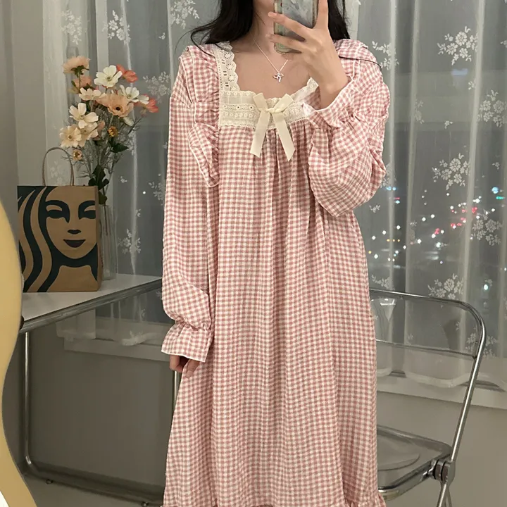 [당일출고/3컬러] 루즈핏 귀여운 스몰 체크 오버핏 긴팔 원피스 파자마 잠옷 상세 이미지 27