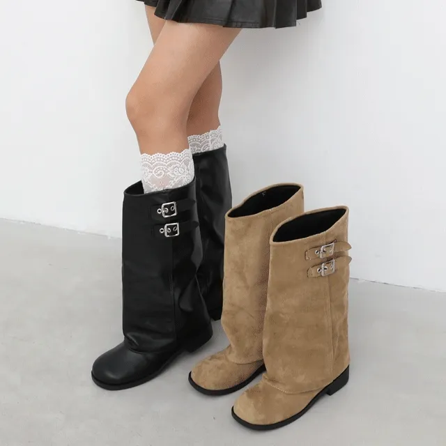 ⚡오늘출발⚡하비추천🖤 빈티지 무드 더블 버클 슬라우치 워머 미들 롱 부츠 스트릿 데일리 스웨이드 레더 신발 L-12585/12587