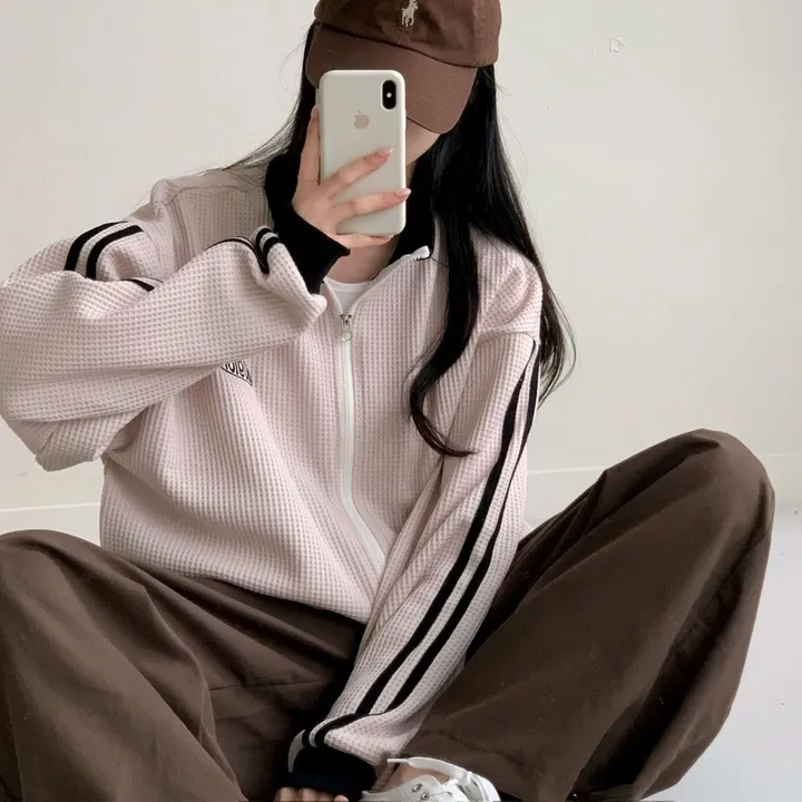 [지퍼투웨이/자수포인트!] 남녀공용 오버핏 와플 트랙 배색 하이넥 집업 4c 상세 이미지 16