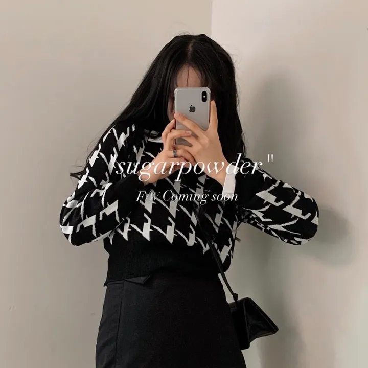 [몸매보정] 잘록한 체크 크롭 브이넥 배색니트;2col 상세 이미지 3